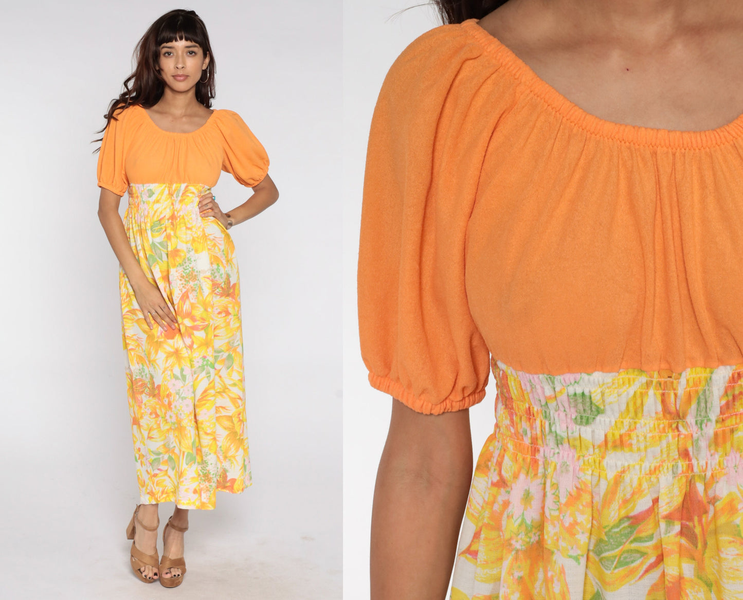 70s Floral Maxi Dress Orange Smocked Empire Waist Peasant Medium