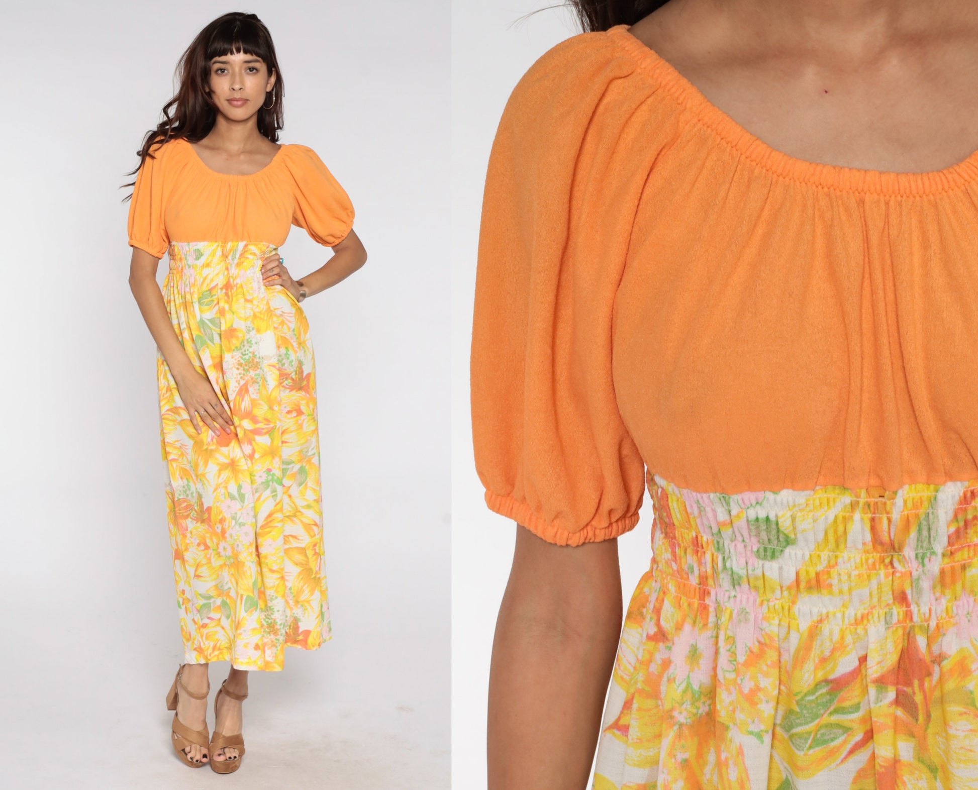 70s Floral Maxi Dress Orange Smocked Empire Waist Peasant Medium