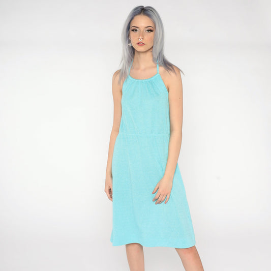 70s Aqua Blue Halter Midi Sundress High Waist Small Medium