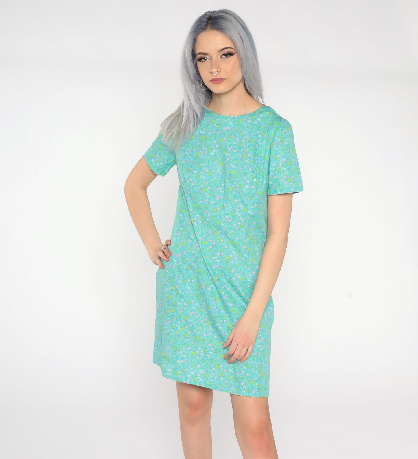 1960s Floral Shift Dress Mini Green Blue Mod Small S