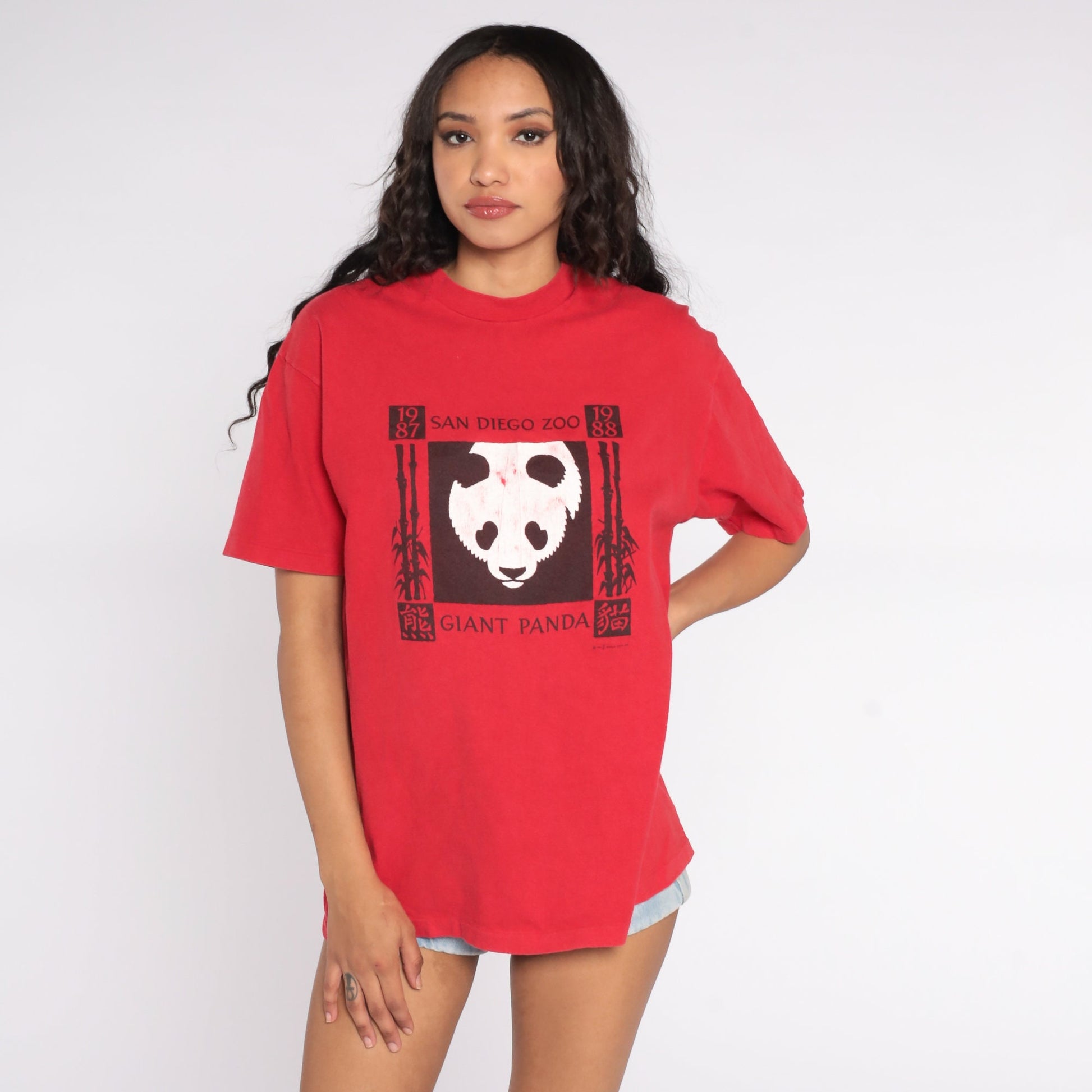 80s San Diego Zoo Panda Bear Graphic T-Shirt Red Cotton Unisex Extra Large XL