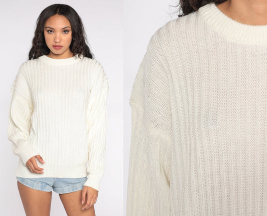 80s Ribbed Cream Knit Crewneck Sweater Men's Large L