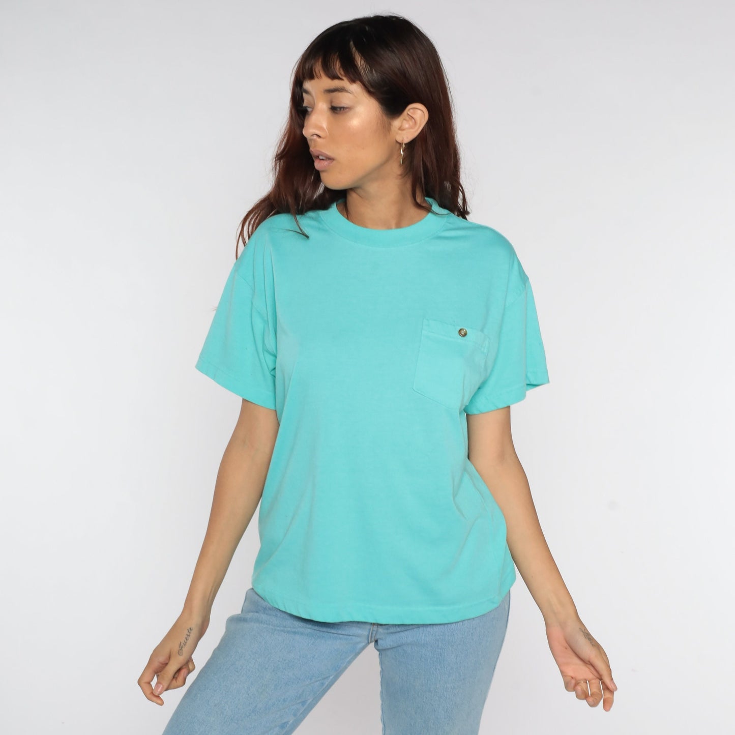 80s Turquoise Blue Pocket T-Shirt Cotton Blend Plain Tee Small S