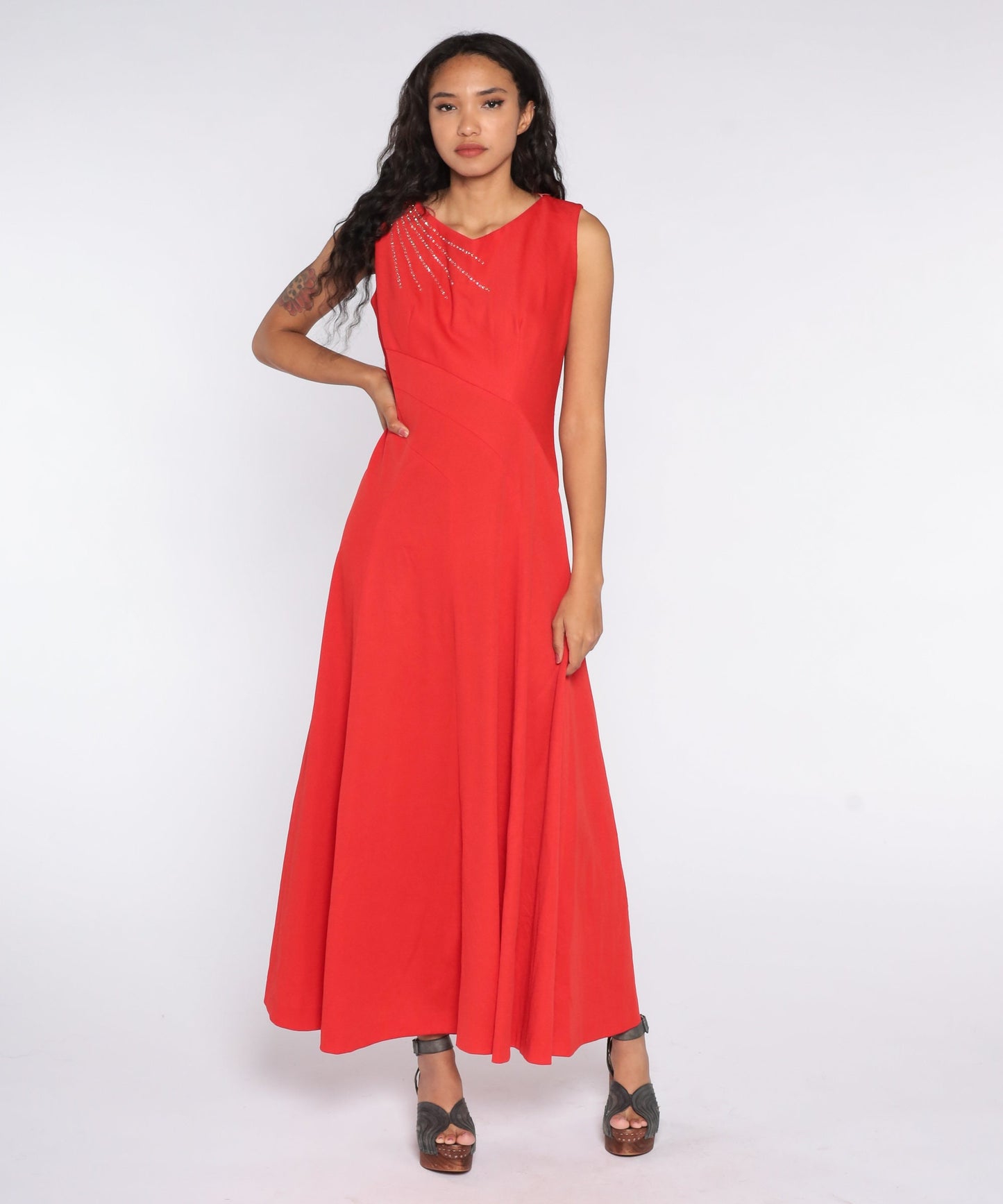 70s Red Rhinestone Maxi Dress Grecian Sleeveless Party Gown Large L