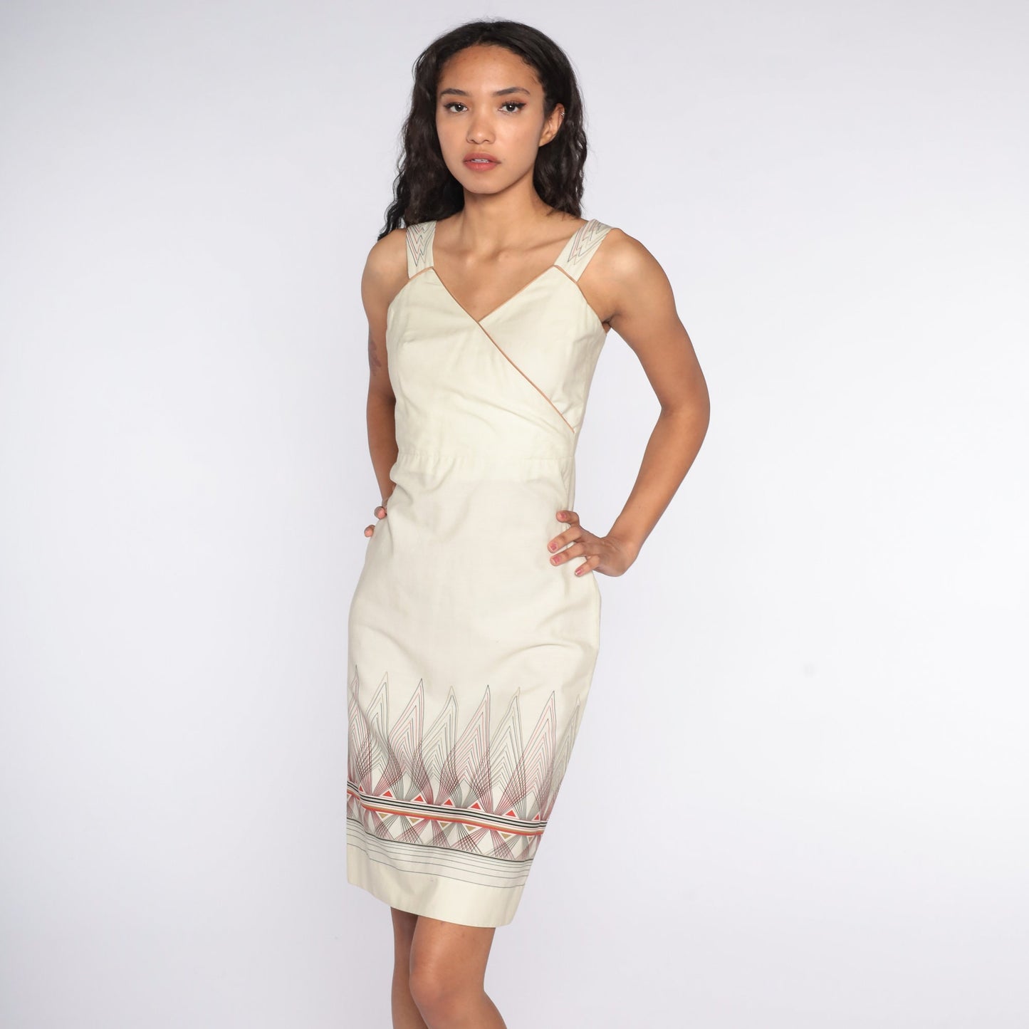 70s Cream Geometric Stripe Mini Dress Sleeveless High Waist Extra Small