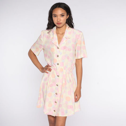 80s Polka Dot Button-Up Mini Dress High Waist Pink Purple Medium Large