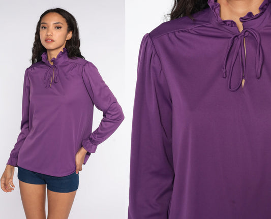 70s Purple Puff Sleeve Blouse Keyhole Tie Neck Ruffle Top Medium