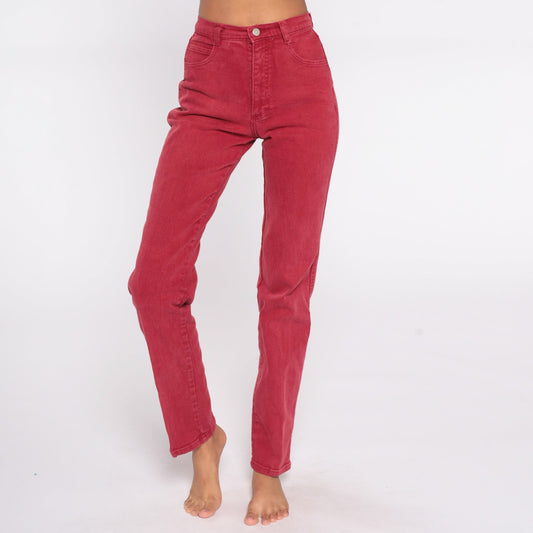80s Red High Waisted Tapered Mom Jeans Cotton Denim Extra Small XS