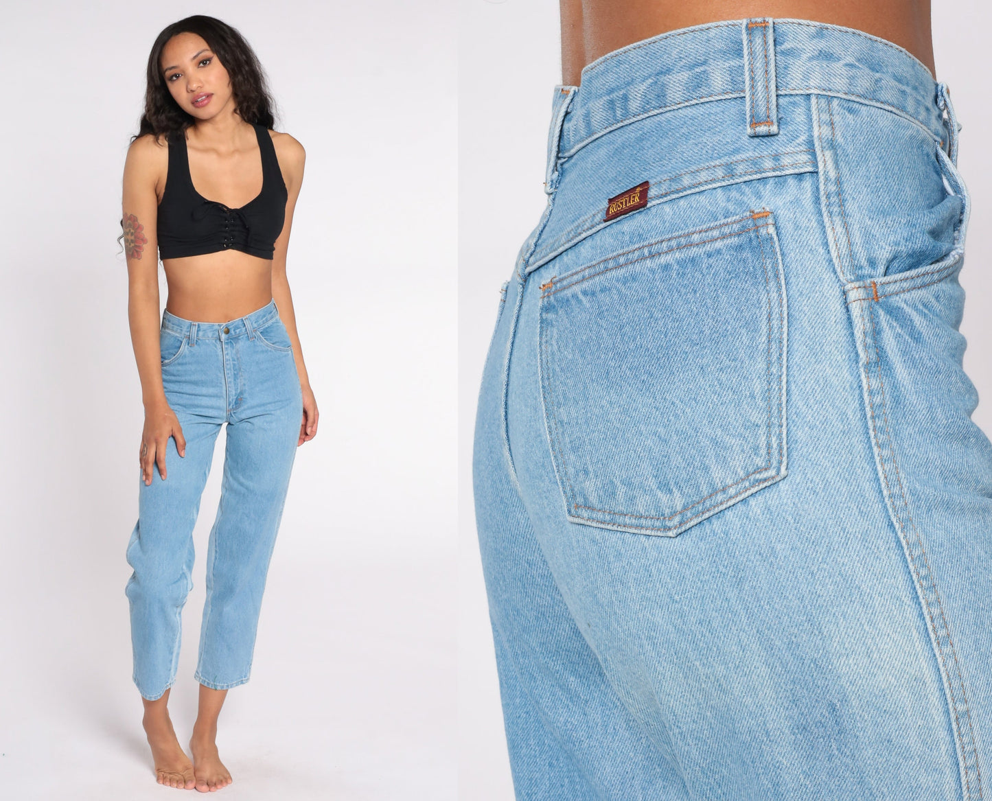 80s High Waist Mom Jeans Light Wash Denim Tapered Rustler Small