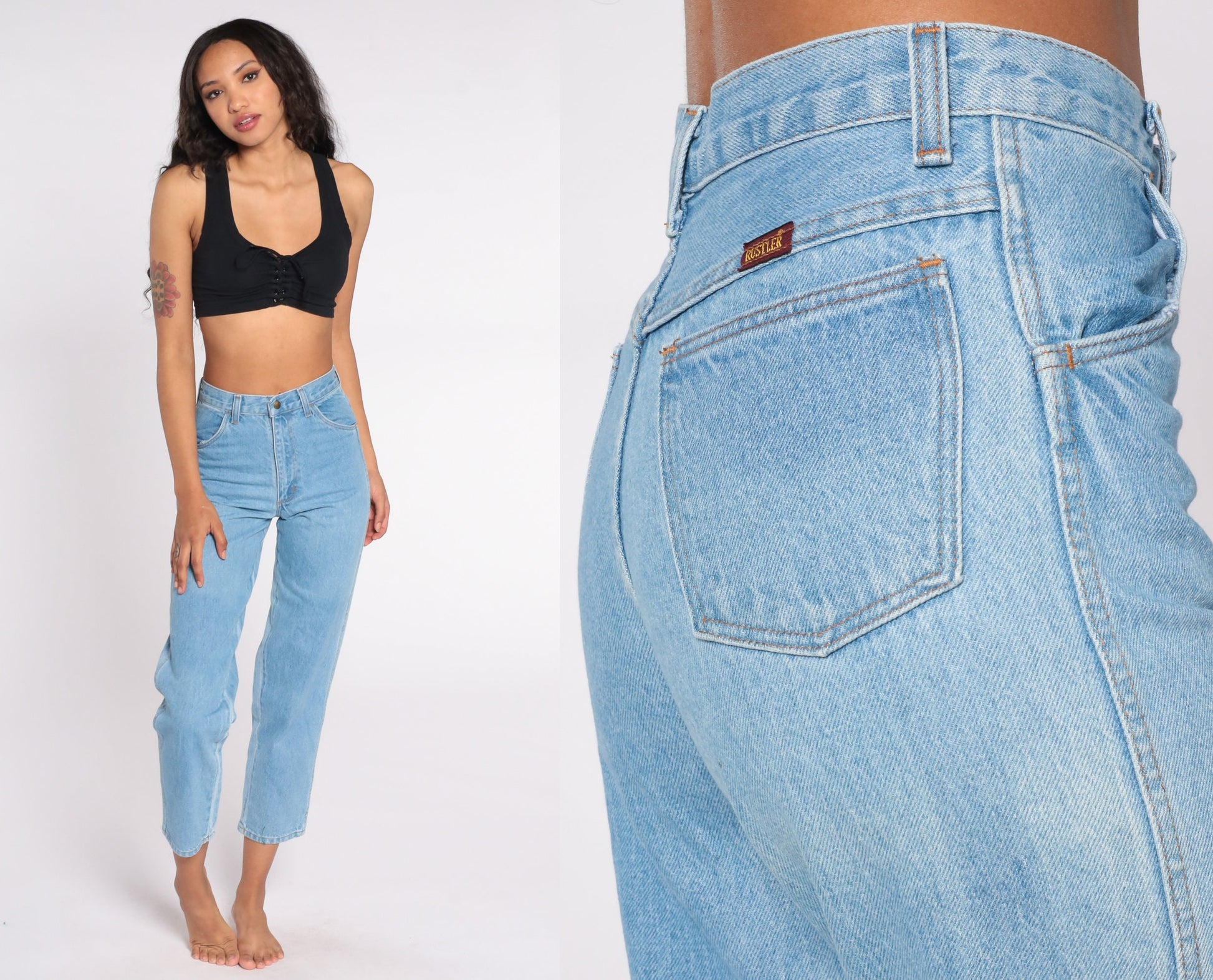 80s High Waist Mom Jeans Light Wash Denim Tapered Rustler Small