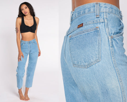 80s High Waist Mom Jeans Light Wash Denim Tapered Rustler Small