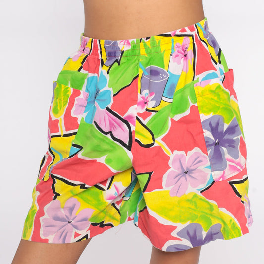 80s Hilo Hattie Tropical Floral Shorts High Waist Elastic Waist Medium