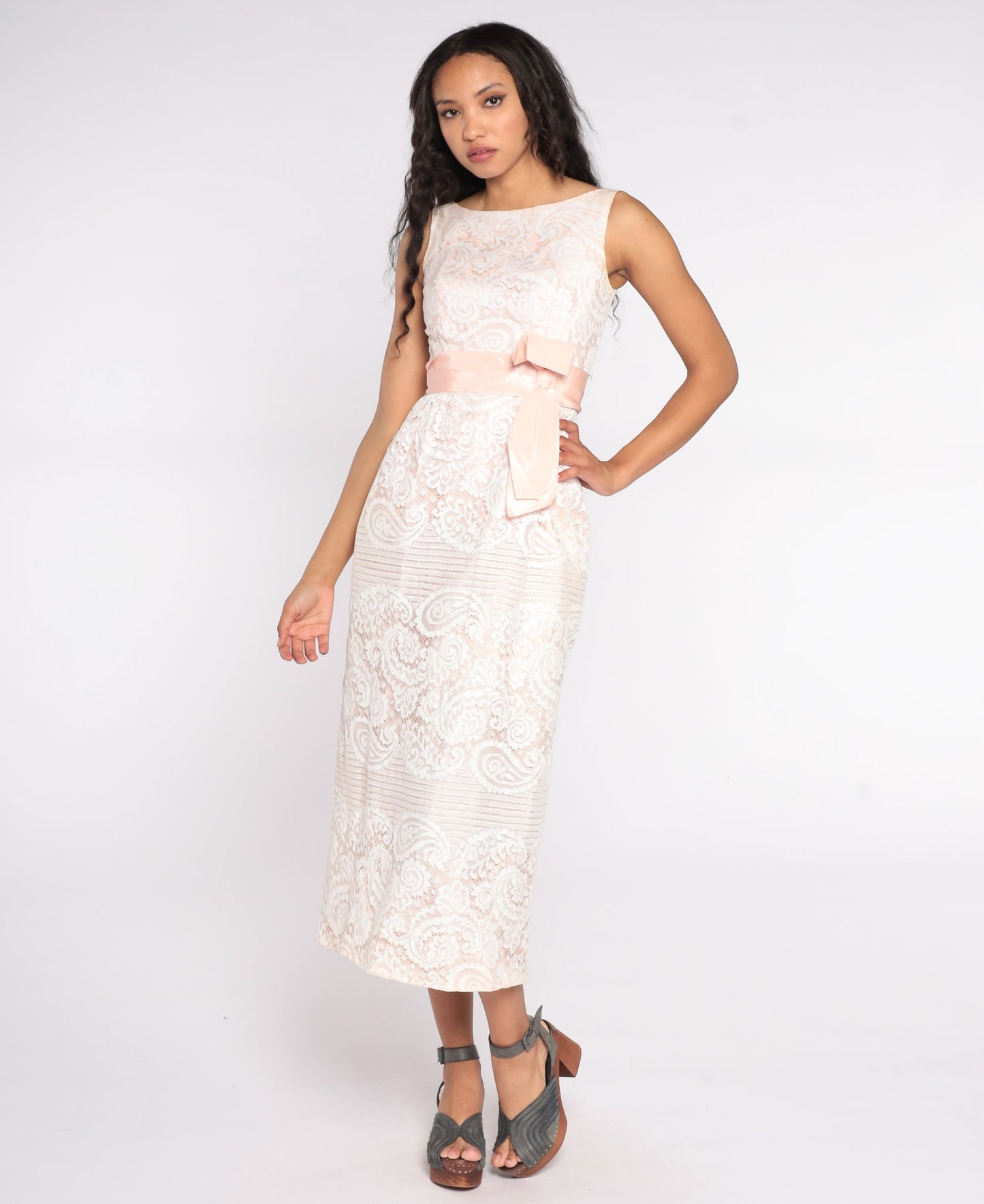 60s White Lace Maxi Dress Empire Waist Pink Bow Sleeveless Extra Small