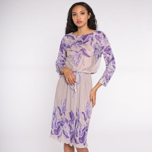 70s Lavender Floral Midi Dress High Waist Pleated Long Sleeve Small Medium