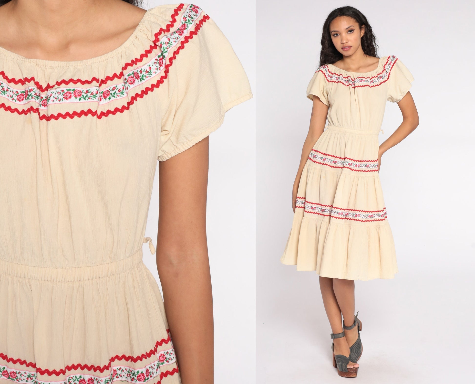 70s Tan Floral Peasant Dress Tiered Elastic Neckline Short Sleeve Small