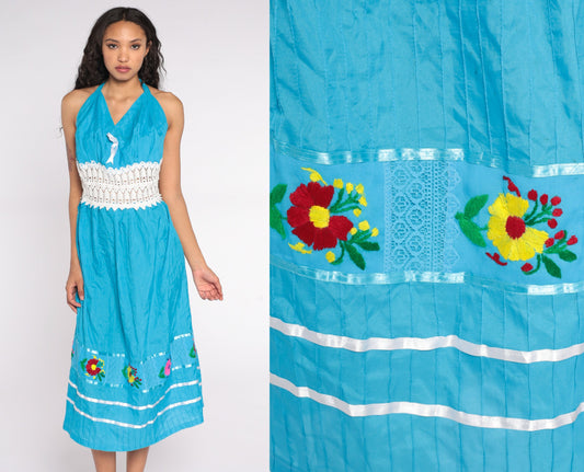 Vintage Embroidered Mexican Halter Midi Dress Blue Crochet Waist Large