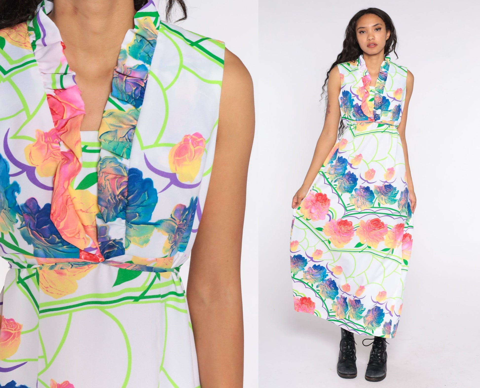 70s Floral Maxi Dress White Rose Print Empire Waist Sleeveless Medium