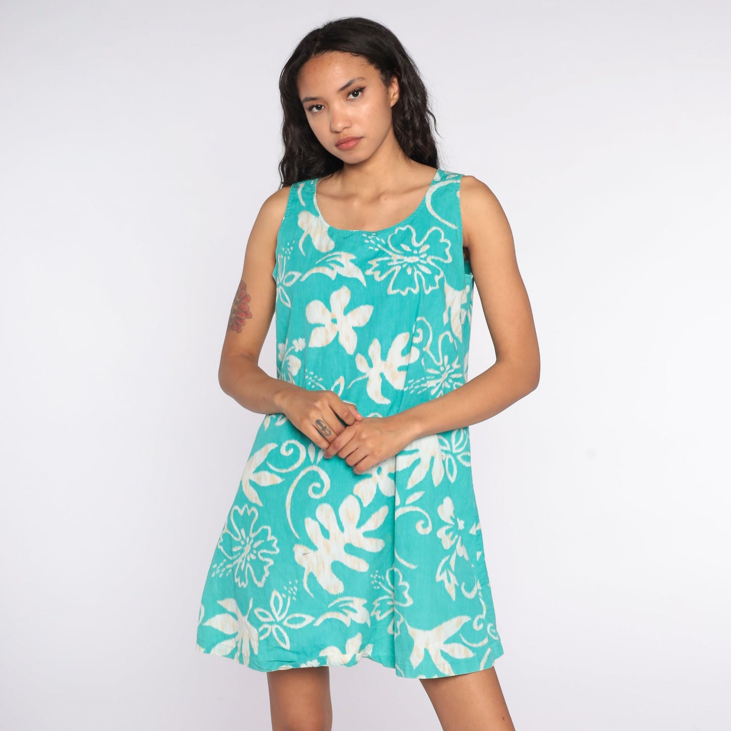 90s Reyn Spooner Hawaiian Mini Dress Turquoise Floral Cotton Medium