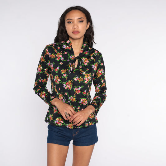 70s Black Floral Ascot Blouse Long Sleeve Neck Tie Top Large L