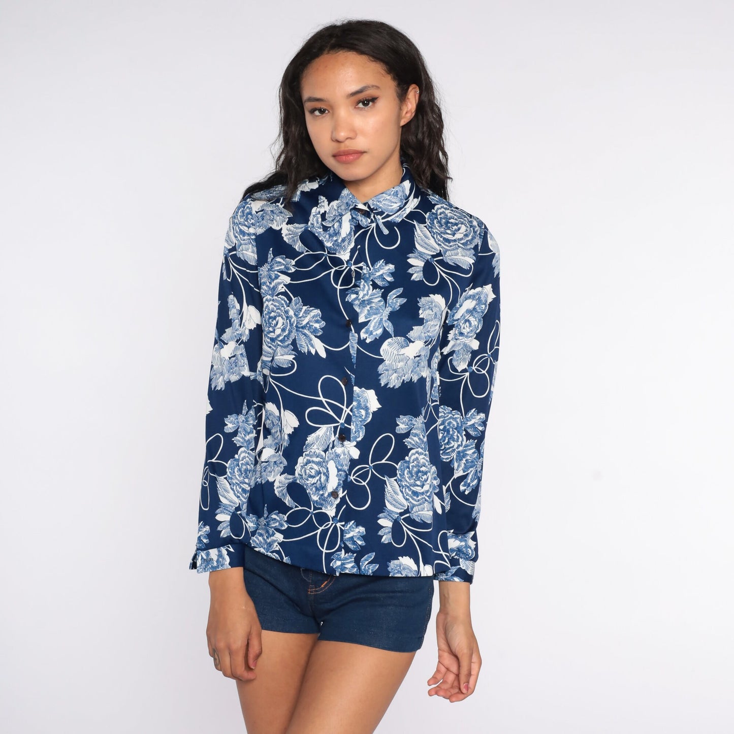 70s Blue Floral Button-Up Shirt Long Sleeve Disco Blouse Small S