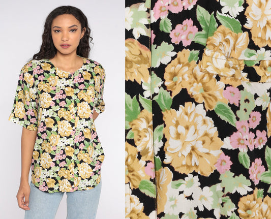 90s Black Floral Button-Up Shirt Short Sleeve Blouse Extra Large XXL