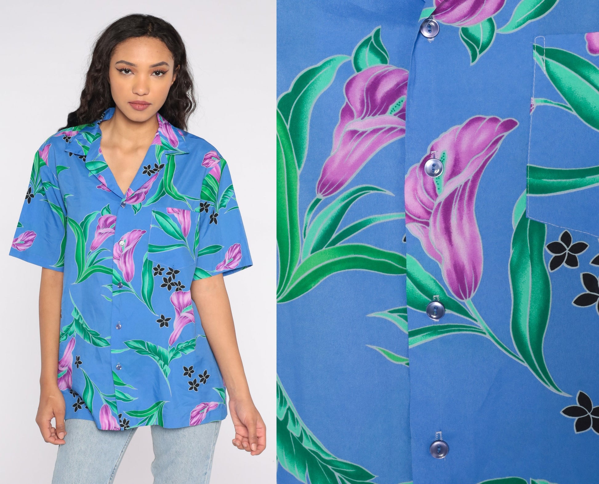 80s Hilo Hattie Tropical Floral Button-Up Shirt Blue Purple Green Large