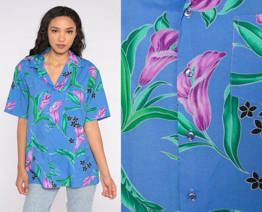 80s Hilo Hattie Tropical Floral Button-Up Shirt Blue Purple Green Large