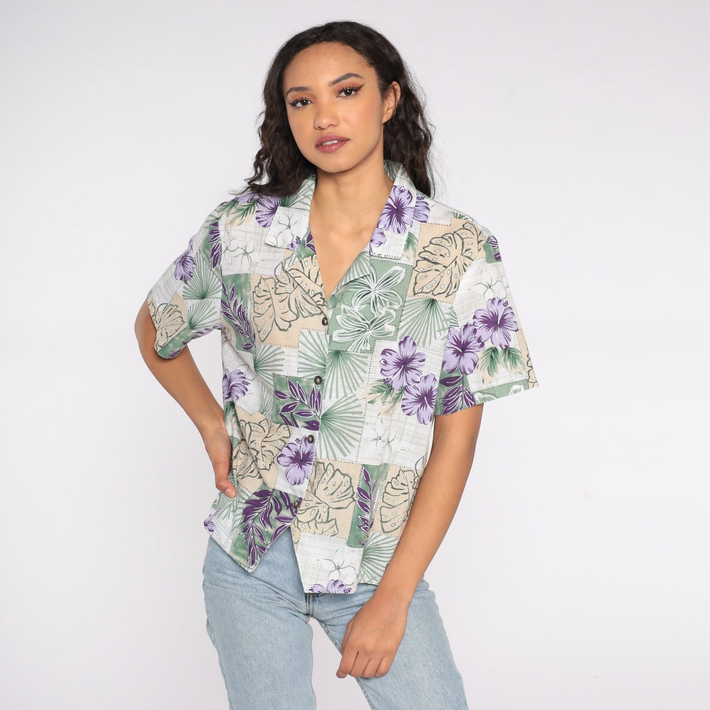 90s Tropical Leaf Print Hawaiian Button-Up Blouse Short Sleeve Extra Large XL