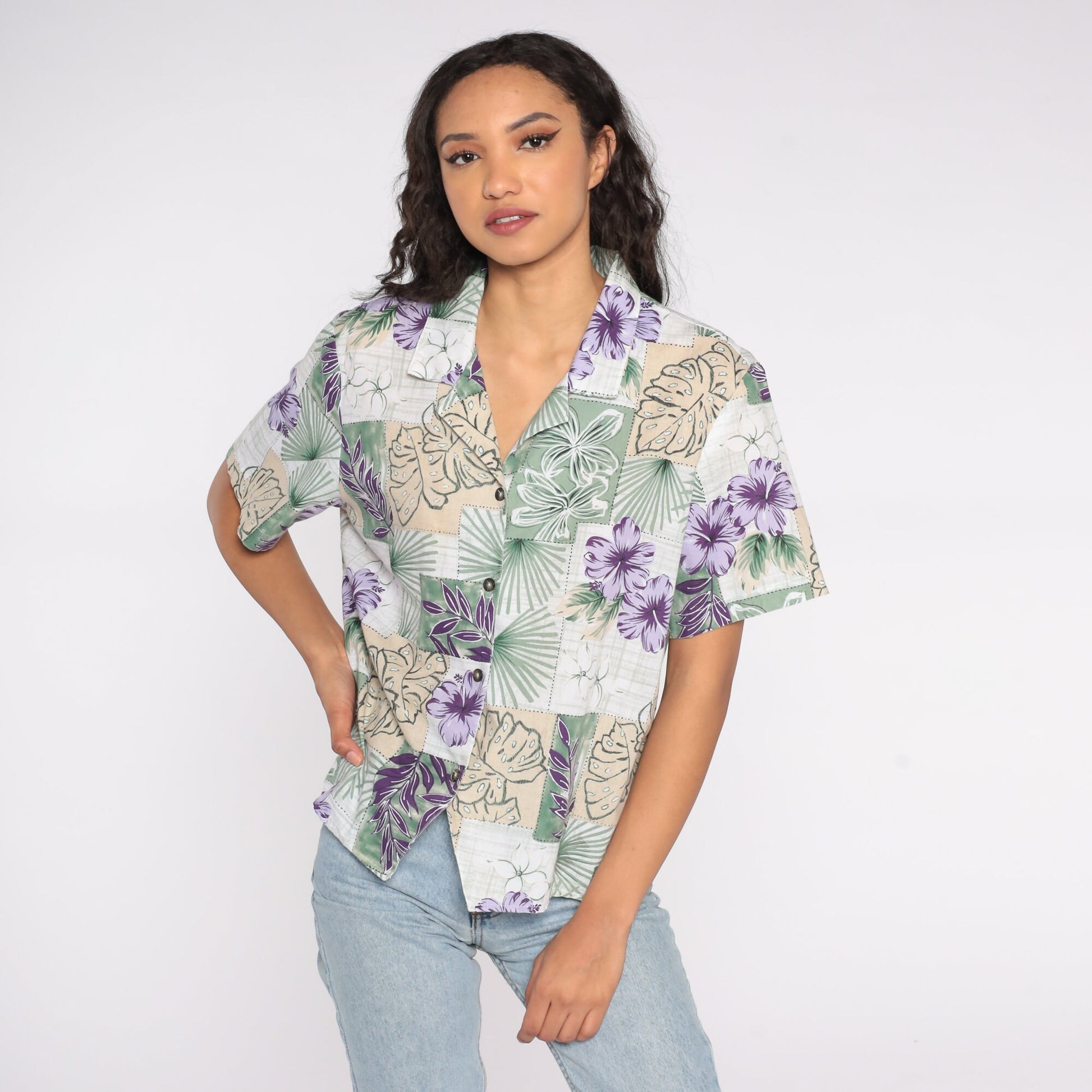 90s Tropical Leaf Print Hawaiian Button-Up Blouse Short Sleeve Extra Large XL