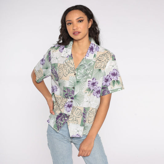 90s Tropical Leaf Print Hawaiian Button-Up Blouse Short Sleeve Extra Large XL