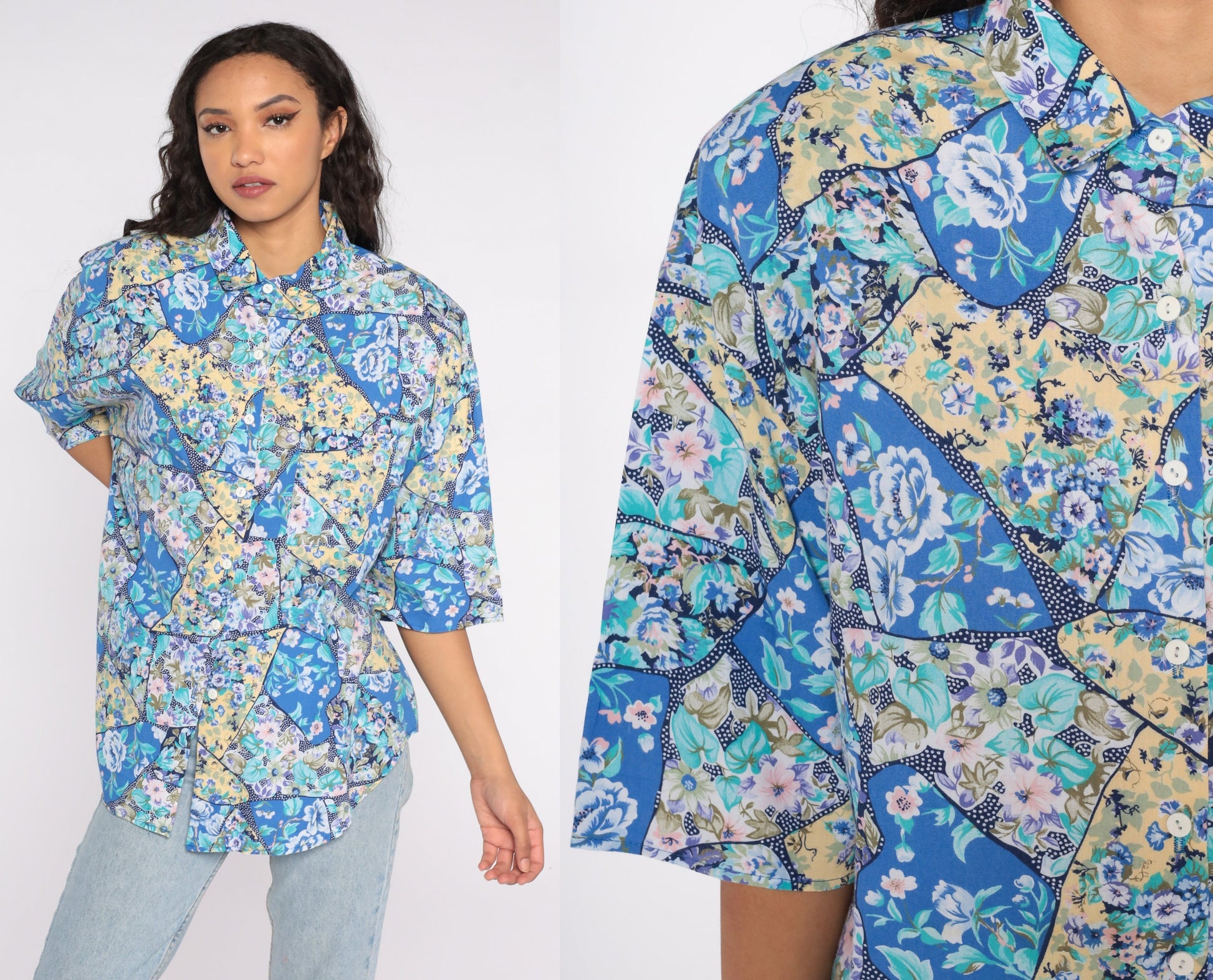 80s Floral Button-Up Blouse Blue Yellow Short Sleeve Shoulder Pads Plus Size 18W