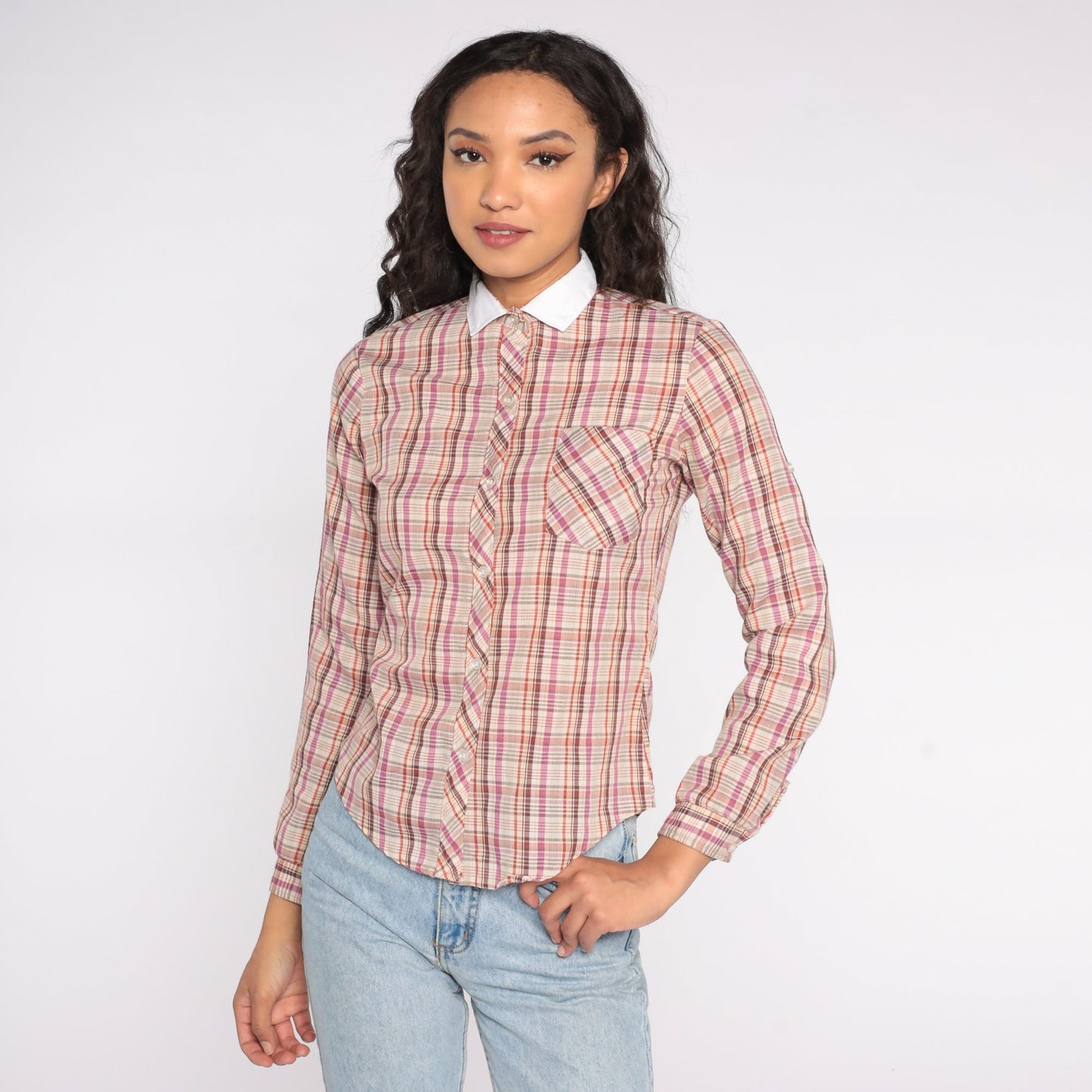 80s Western Plaid Button Up Blouse Purple Red Yellow Checkered Cowgirl Shirt Extra Small XS
