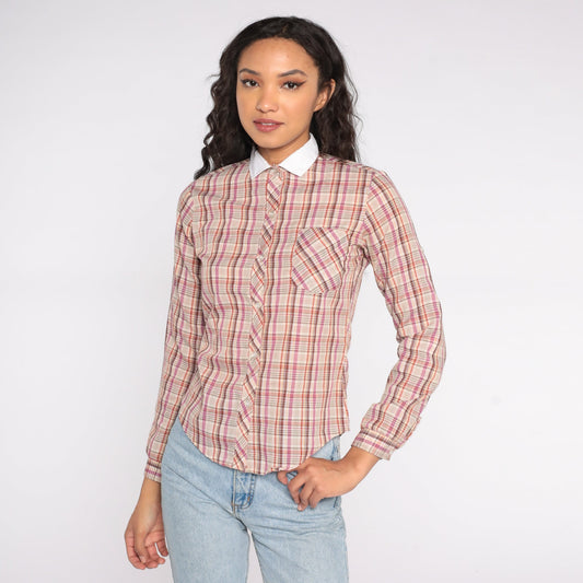 80s Western Plaid Button Up Blouse Purple Red Yellow Checkered Cowgirl Shirt Extra Small XS