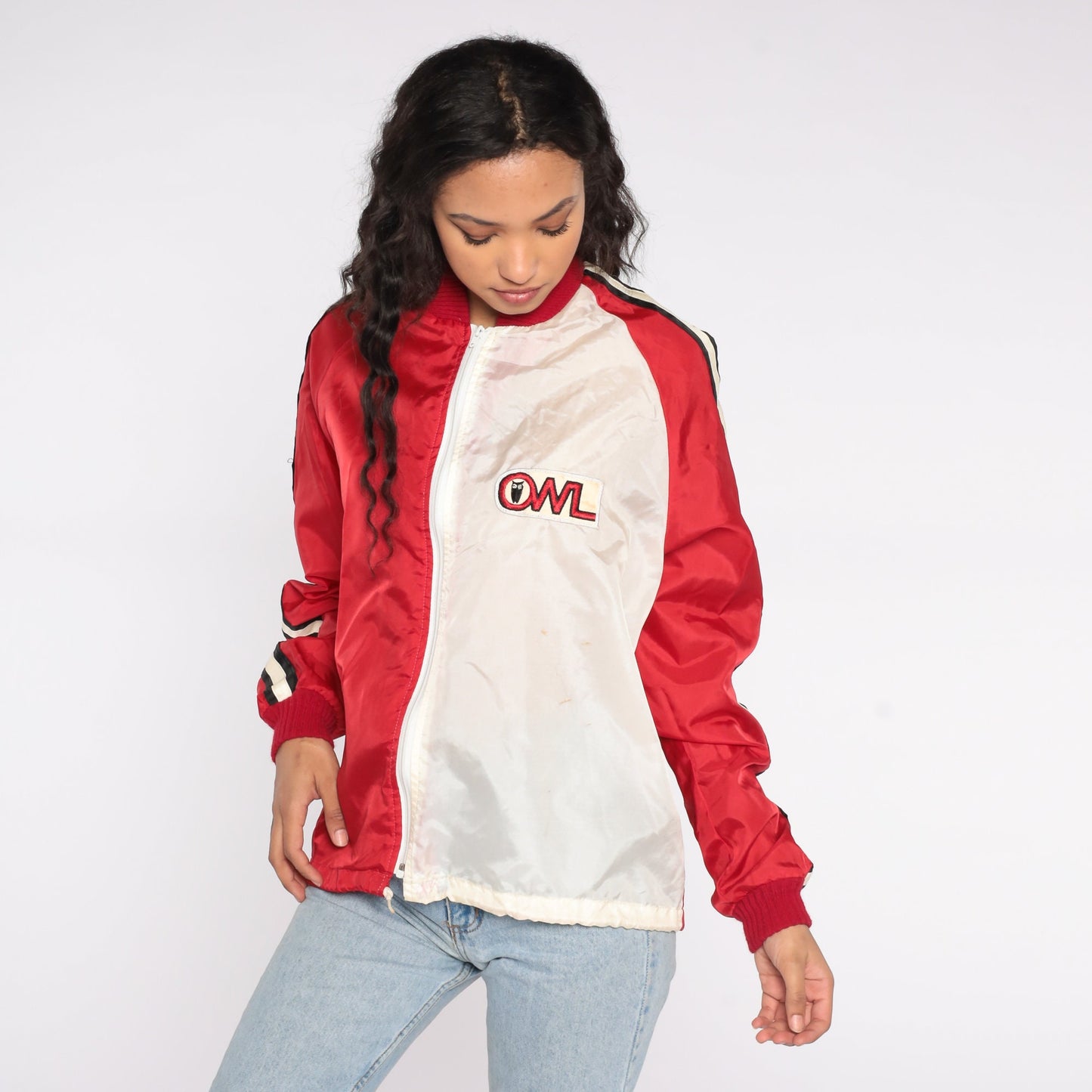 70s Red White Colour Block Windbreaker Jacket Owl Patch Zip Nylon Extra Large