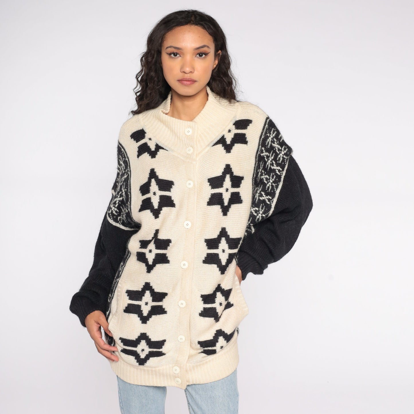 80s Fair Isle Cardigan Off-White Snowflake Knit Button-Up Large L