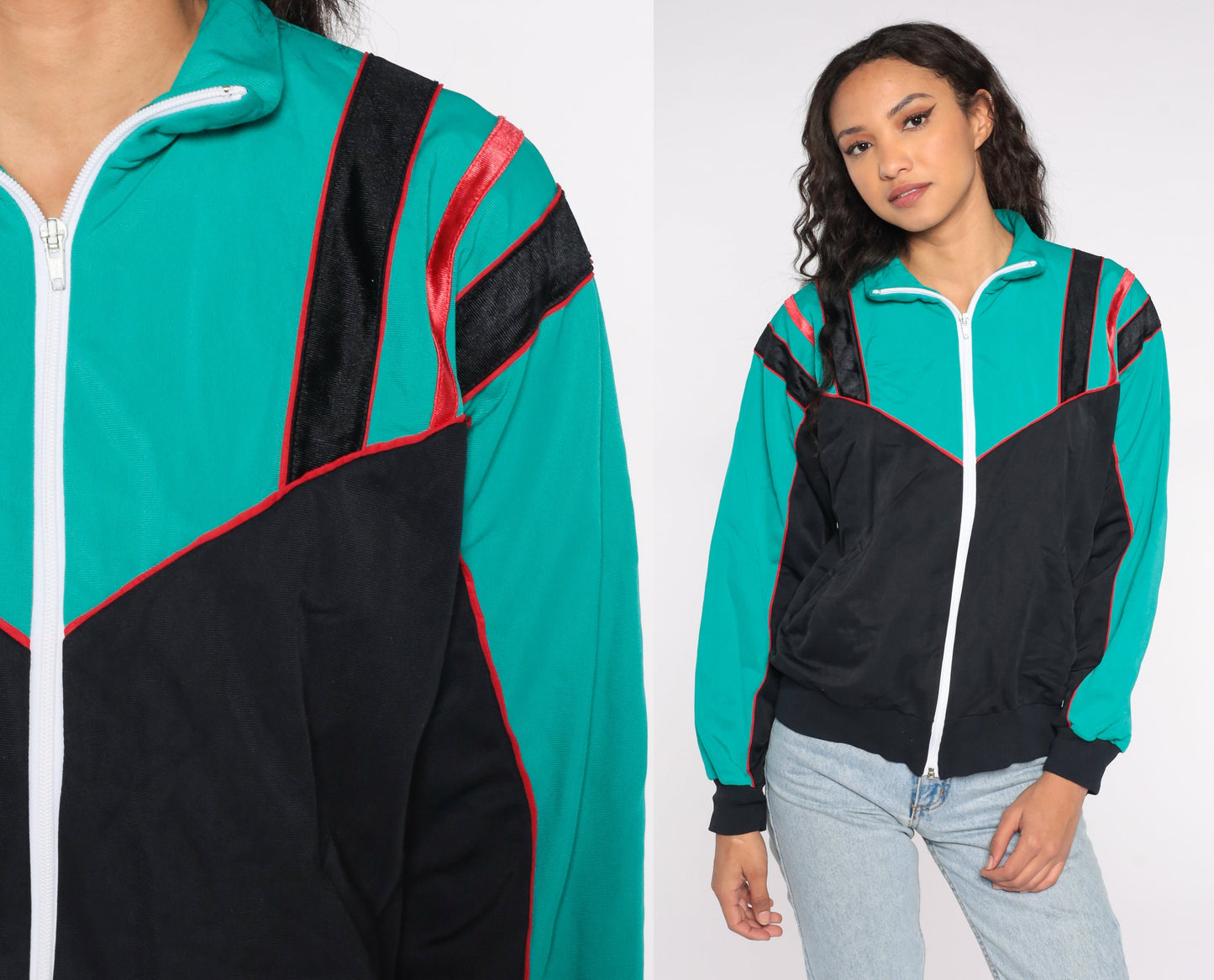 80s Track Jacket Zip-Up Sweatshirt Black Teal Colour Block Medium