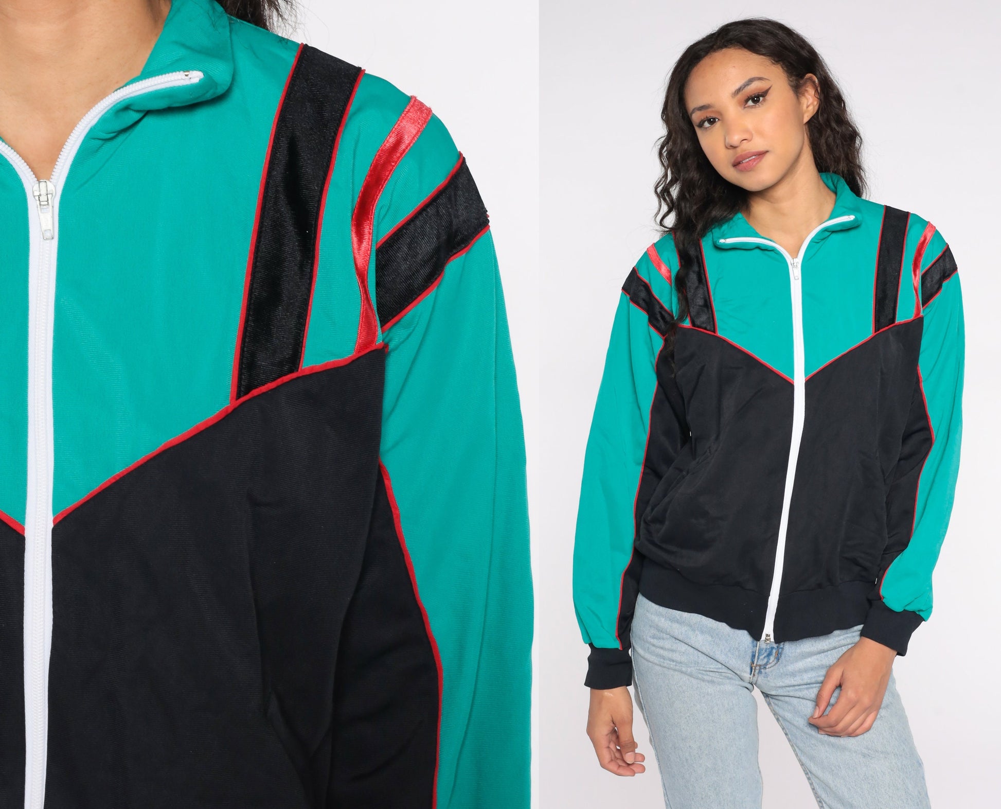 80s Track Jacket Zip-Up Sweatshirt Black Teal Colour Block Medium