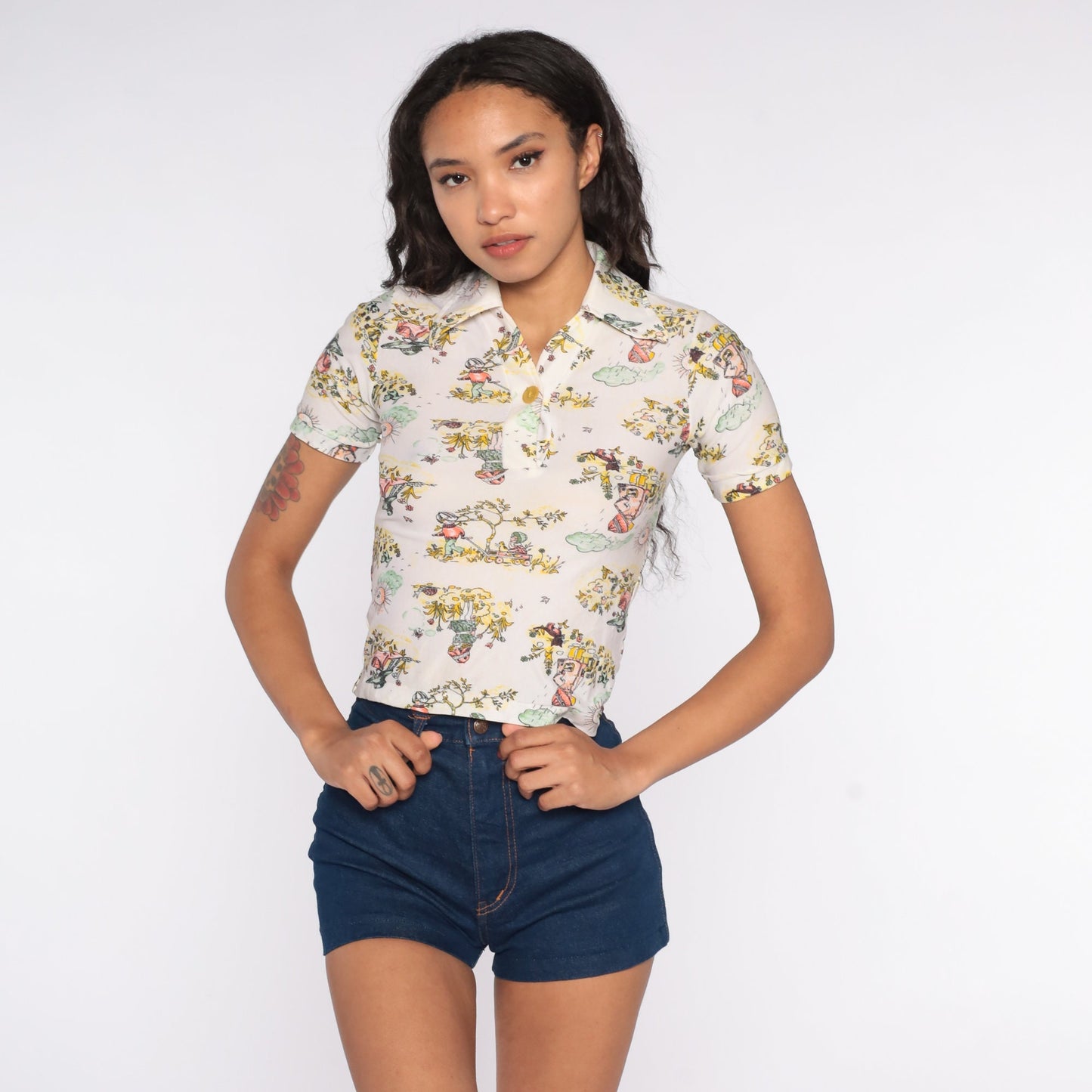 70s Children's Novelty Print Button-Up Shirt Short Sleeve Blouse XXS
