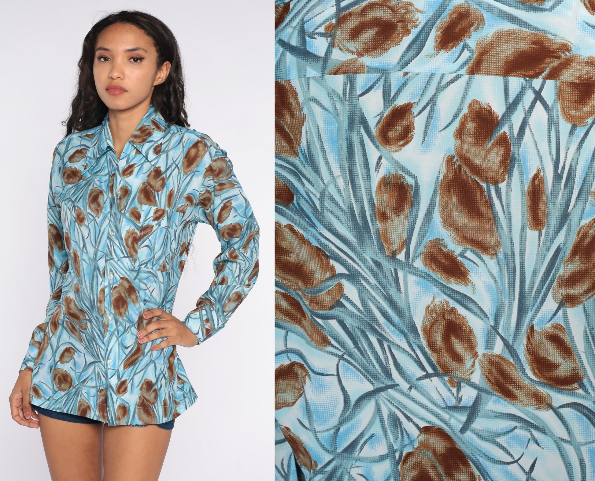 70s Blue Floral Button Up Shirt Dagger Collar Long Sleeve Medium