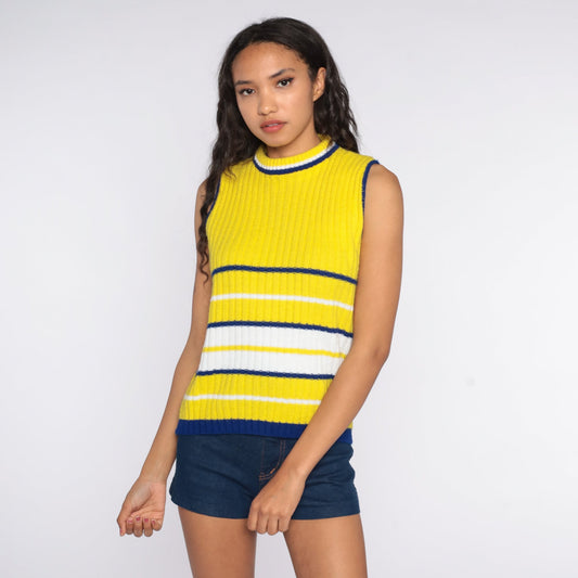 70s Yellow Striped Knit Tank Top Sleeveless Sweater Vest Medium