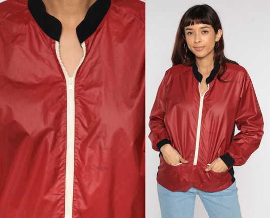 80s Red Nylon Windbreaker Jacket Raglan Sleeve Zip Bomber Large L