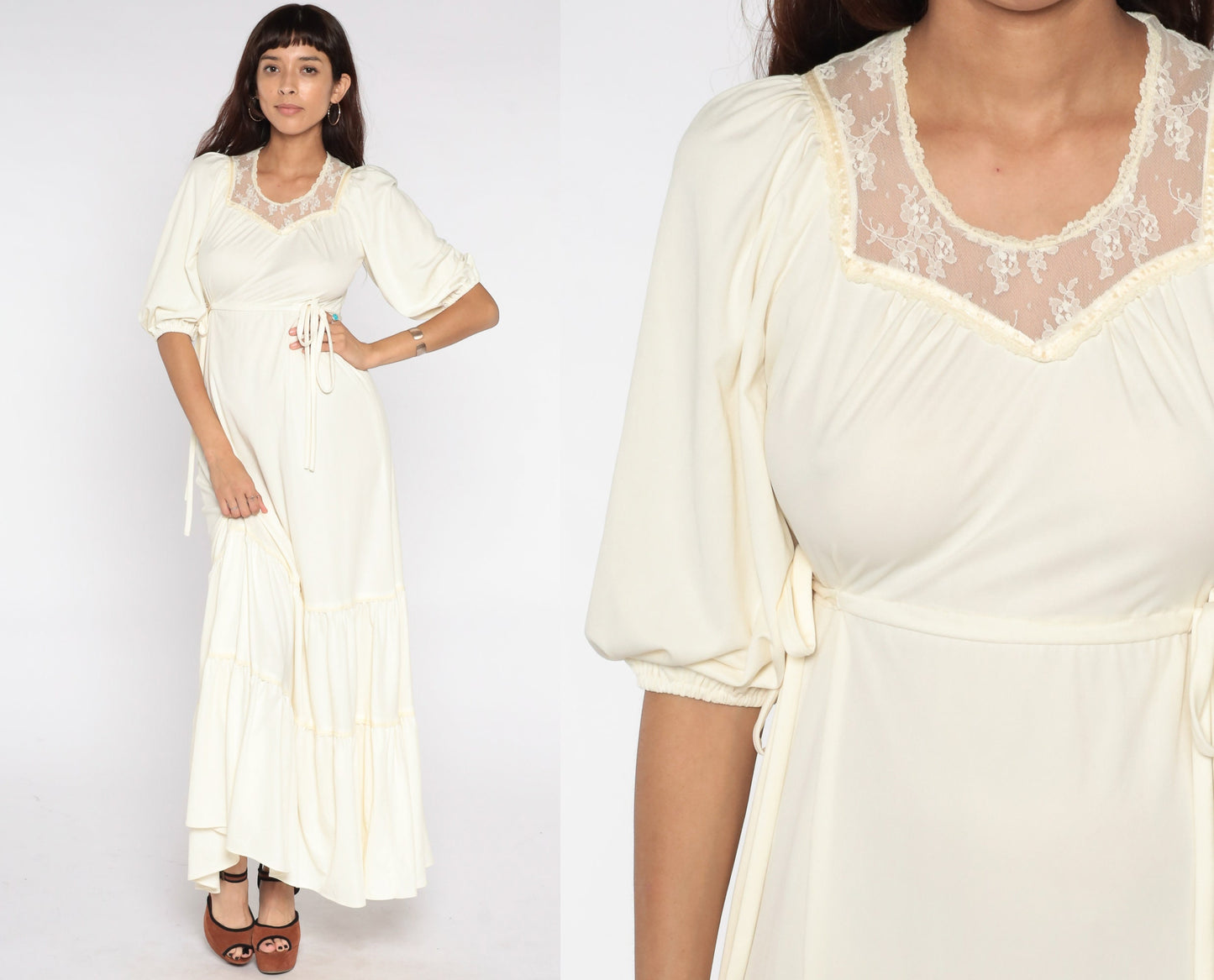 1970s Cream Lace Maxi Dress Puff Sleeve High Waist Tiered Small