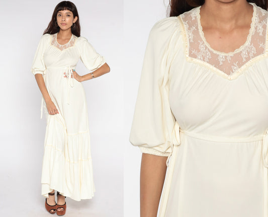 1970s Cream Lace Maxi Dress Puff Sleeve High Waist Tiered Small