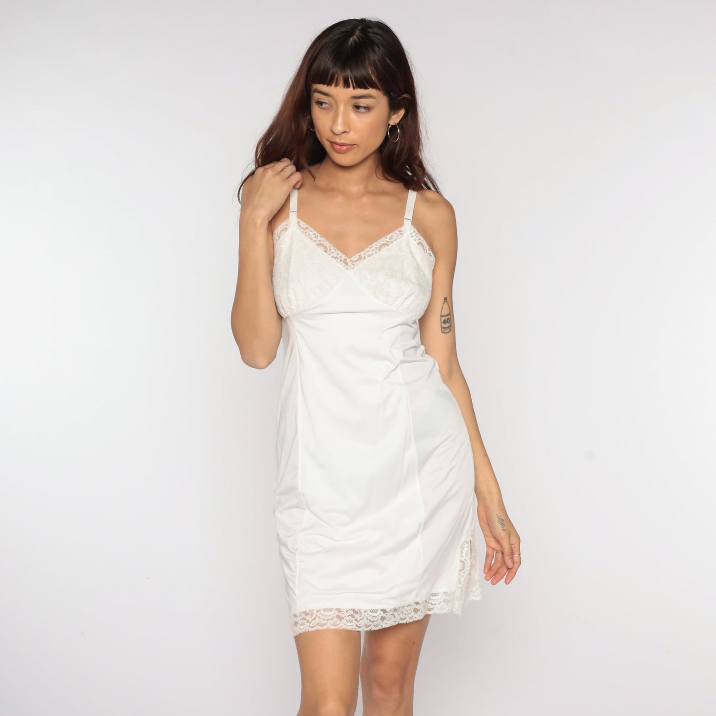 1970s Gaymode White Lace Slip Dress Empire Waist Spaghetti Strap Mini XS