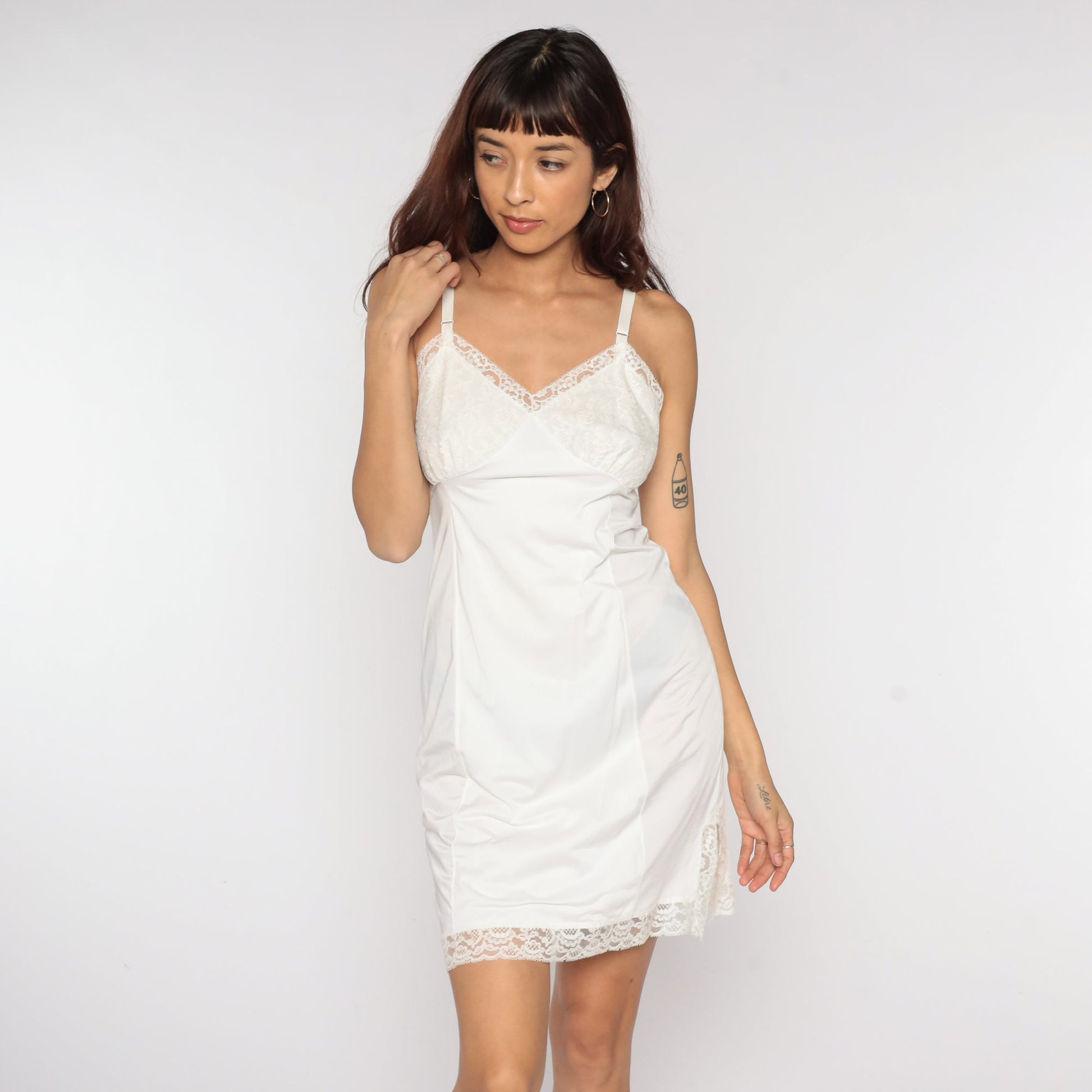 1970s Gaymode White Lace Slip Dress Empire Waist Spaghetti Strap Mini XS