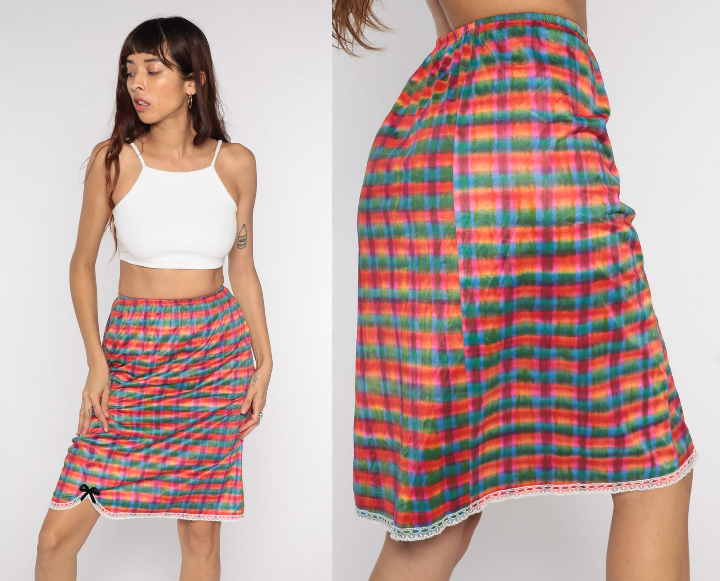 70s Checkered Nylon Half Slip Lingerie Skirt Lace Trim Green Pink Red Medium