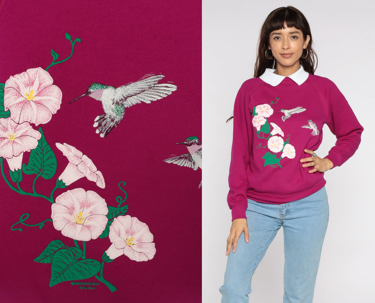 80s Hummingbird Floral Sweatshirt Magenta Graphic Collared Crewneck Medium