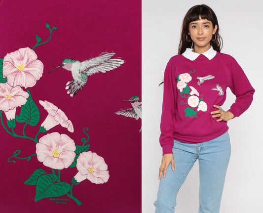 80s Hummingbird Floral Sweatshirt Magenta Graphic Collared Crewneck Medium