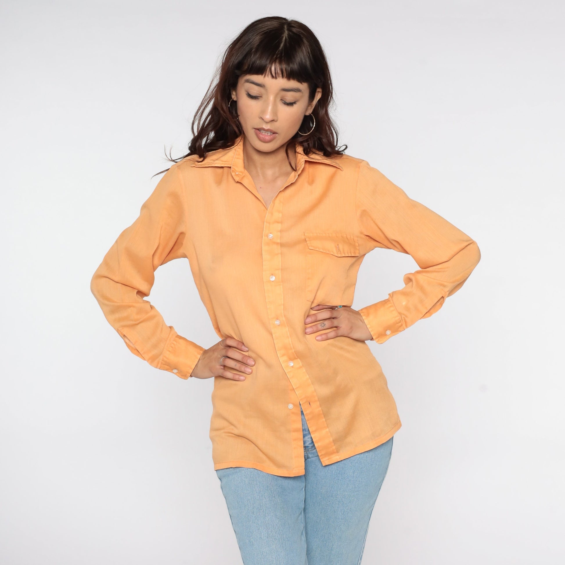 70s Orange Semi-Sheer Button-Up Shirt Long Sleeve Disco Collared Medium