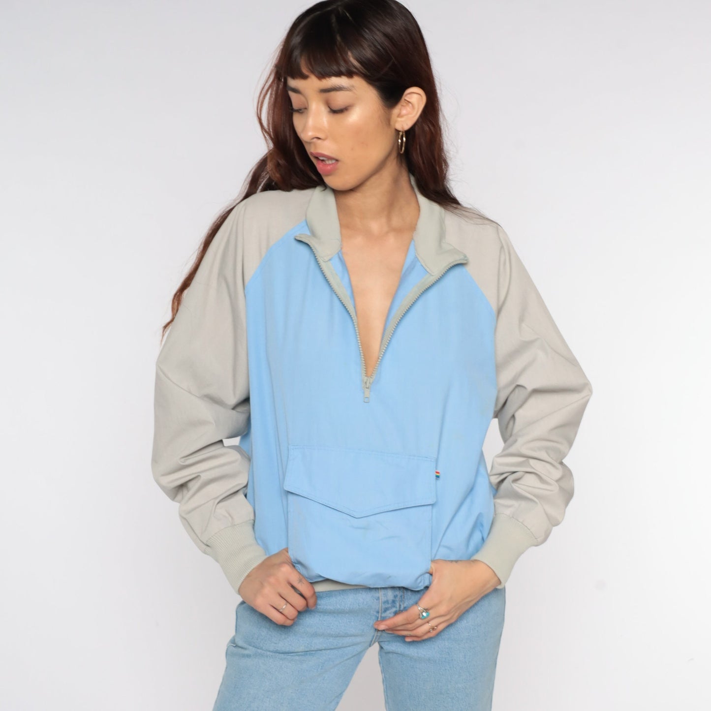 80s Baby Blue Taupe Raglan Windbreaker Half Zip Pullover Jacket Large